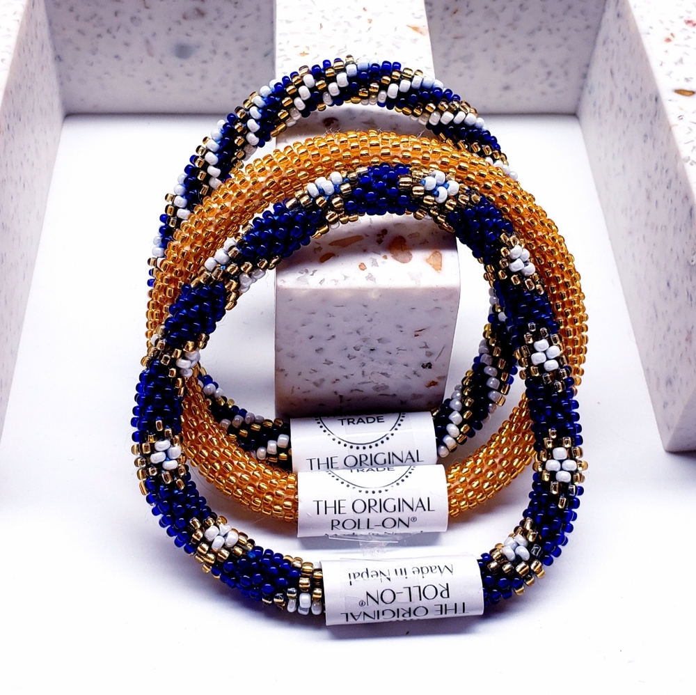 GOLD & NAVY -Original Roll-On® Bracelets, 7" round, made in Nepal #1 (3 pieces)